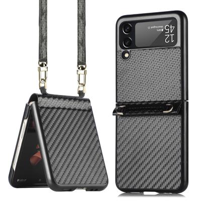 Anti -Fingerprint Carbon Fiber Cover Case For Samsung Galaxy Z Flip 3 Flip4 Flip 4 Flip3 5g With Shoulder Strap Matte Cases