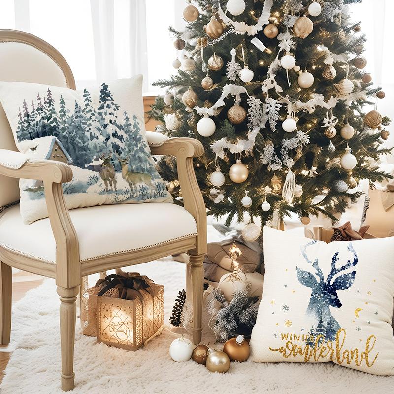 New Fox Deer Christmas Pillowcase Linen Printed Pillowcase Festive Room Sofa Decoration Cushion Cover