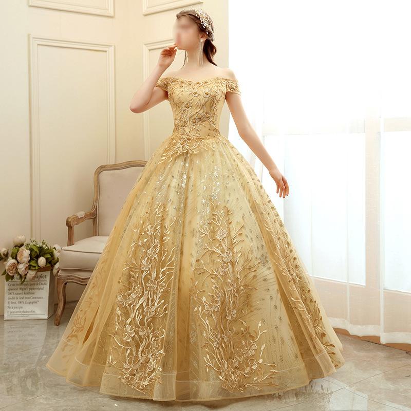 Golden evening dress women's 1011 new atmospheric stage performance tutu skirt long host company annual meeting dress
