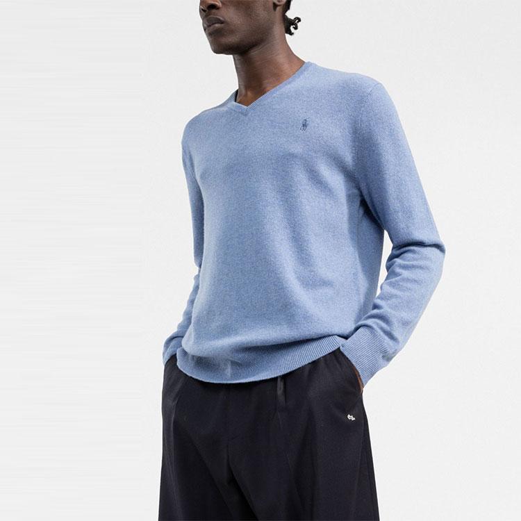 Polo Ralph Lauren FW21 V-Neck Logo Pattern Solid Pullover Sweater Men Sweater Blue 710667377-018