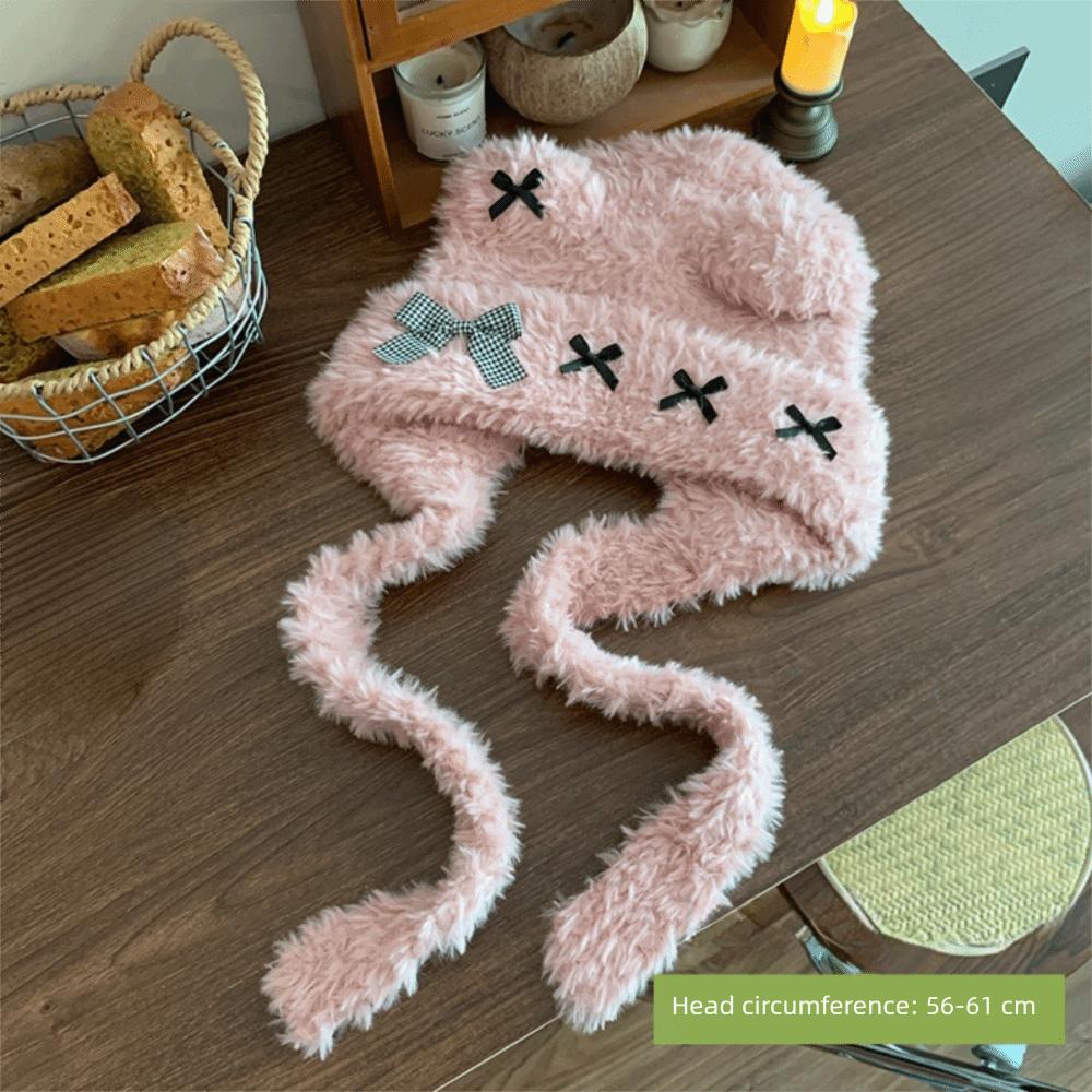 Cute Thickened Bear Ears Knitted Hat Ear Protection Soft Bow Earmuffs Windproof Warm Bear Hat Winter Season Women Wear