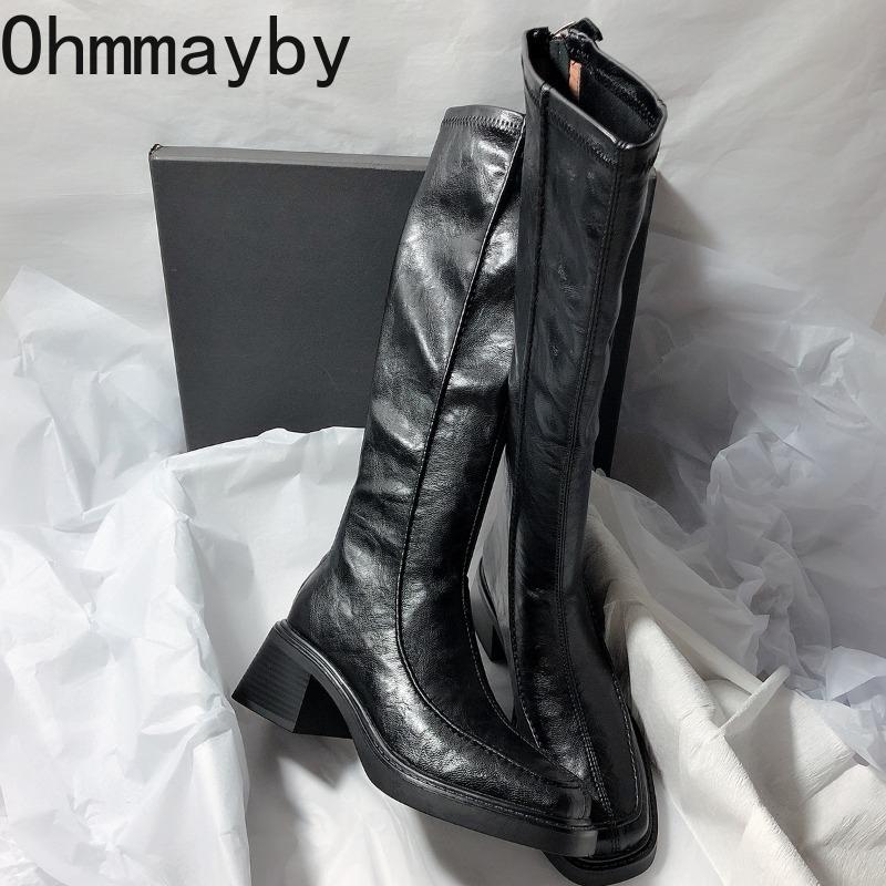 Vintage Thick Heel Women Knight High Boots Fashion Side Zippers Shoes Autumn Winter Ladies Concise Slim Long Botas De Mujer