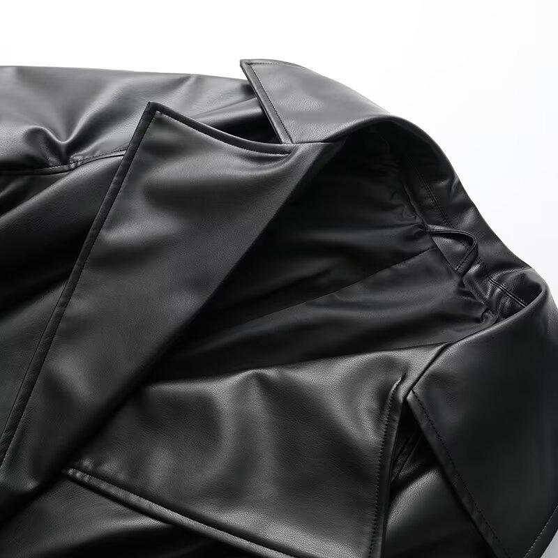 Automne/Hiver 2024 Manteau Trench Mi-Long en Cuir pour Femme avec Revers et Ceinture