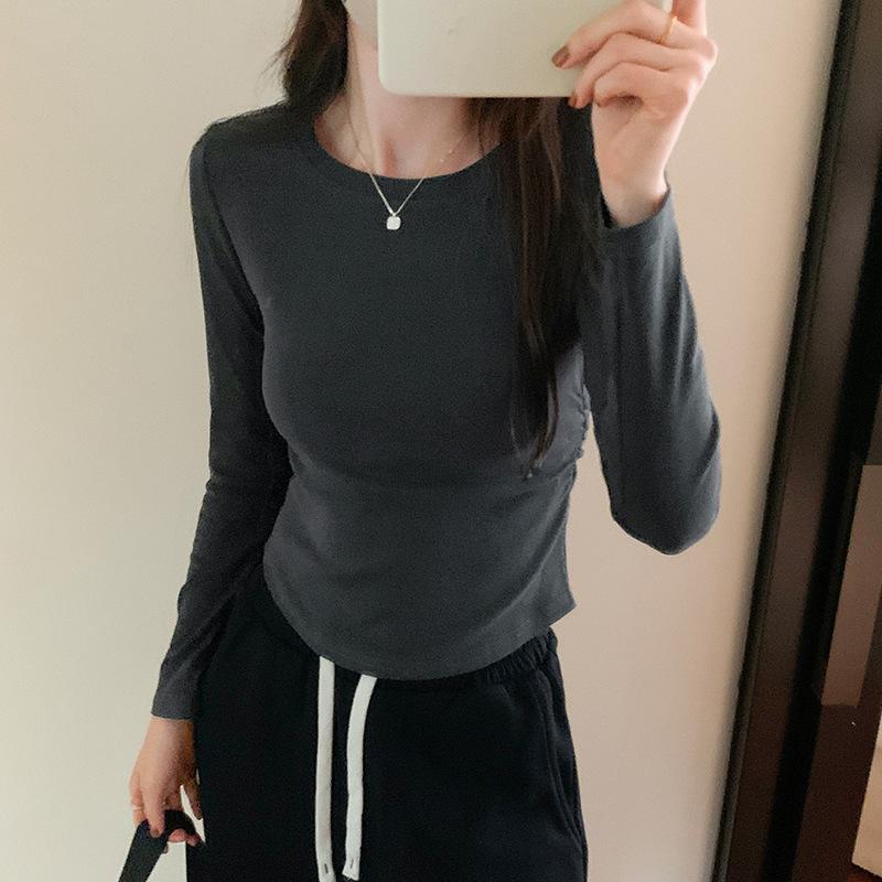 

Универсальная футболка с длинными рукавами и плиссировкой в корейском стиле для женщин, для осени и зимы, новый однотонный базовый топ XL