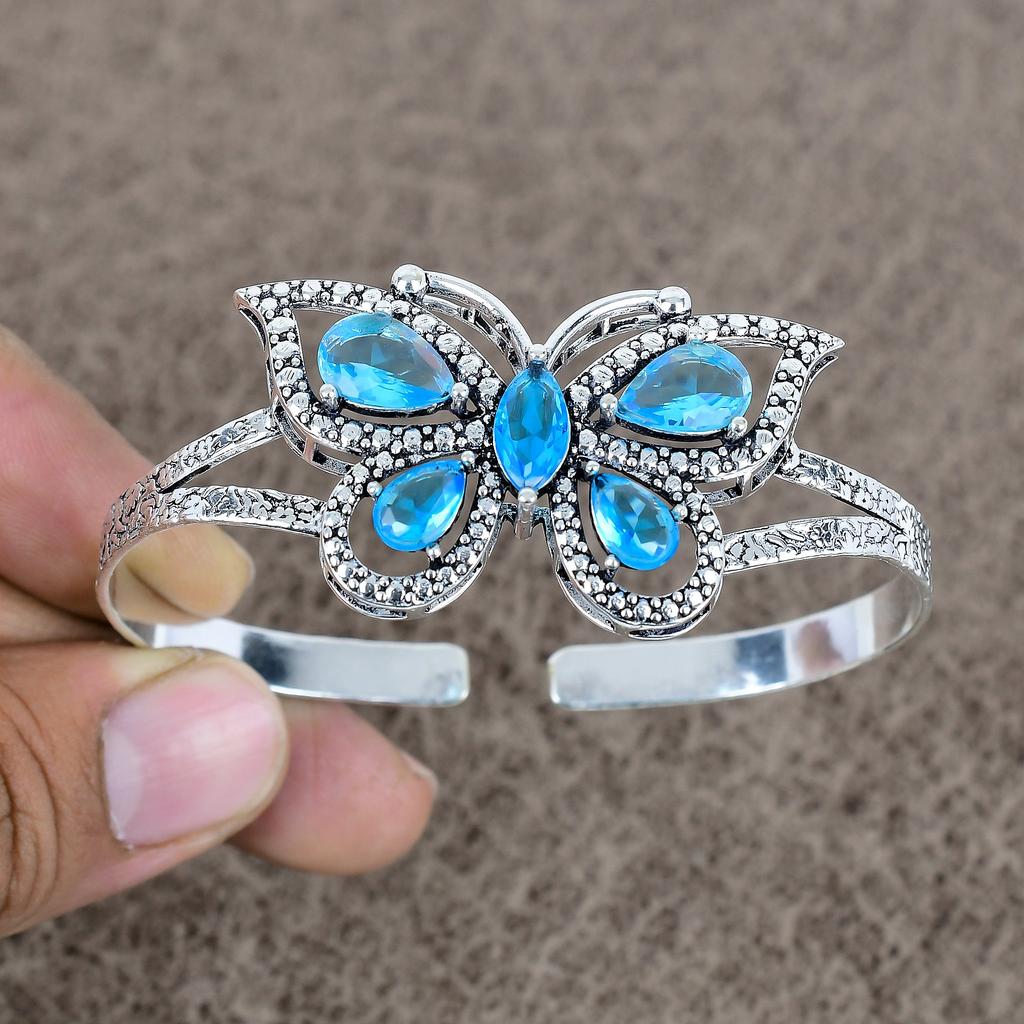 Blue Topaz Gemstone Handmade 925 Sterling Silver Cuff Bangle Adjustable KKG-110