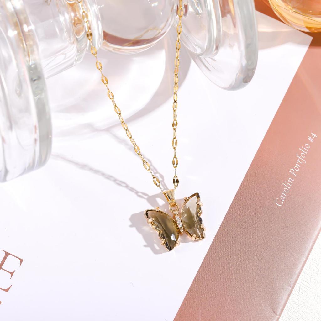 Iridescent Gradient Butterfly Necklace with Zirconia Rhinestones - Titanium Steel Clavicle Chain Pendant.