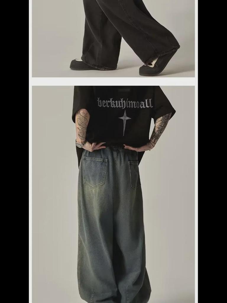 Men's Retro Washed Distressed Wide-Leg Casual Jeans with Elastic Waist