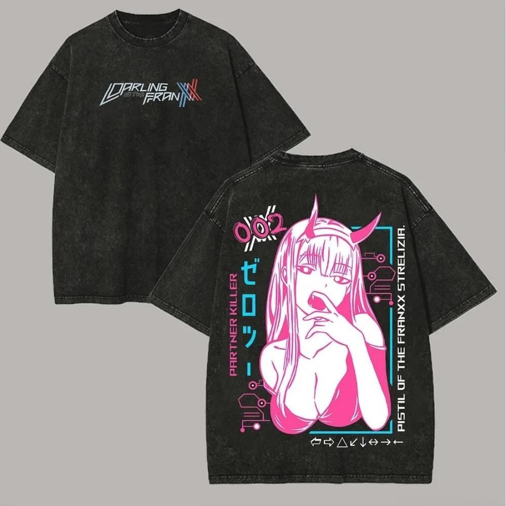Zero Two Washed T-Shirt Oversized Unisex Couples Washed Retro Top Japanese Anime Product Couples