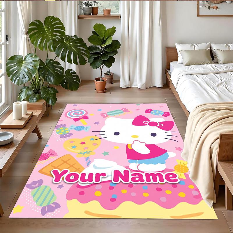 Crystal Velvet Rug Custom Name Text, Soft Non Slip Floor Mat Home DecorHello Kitty