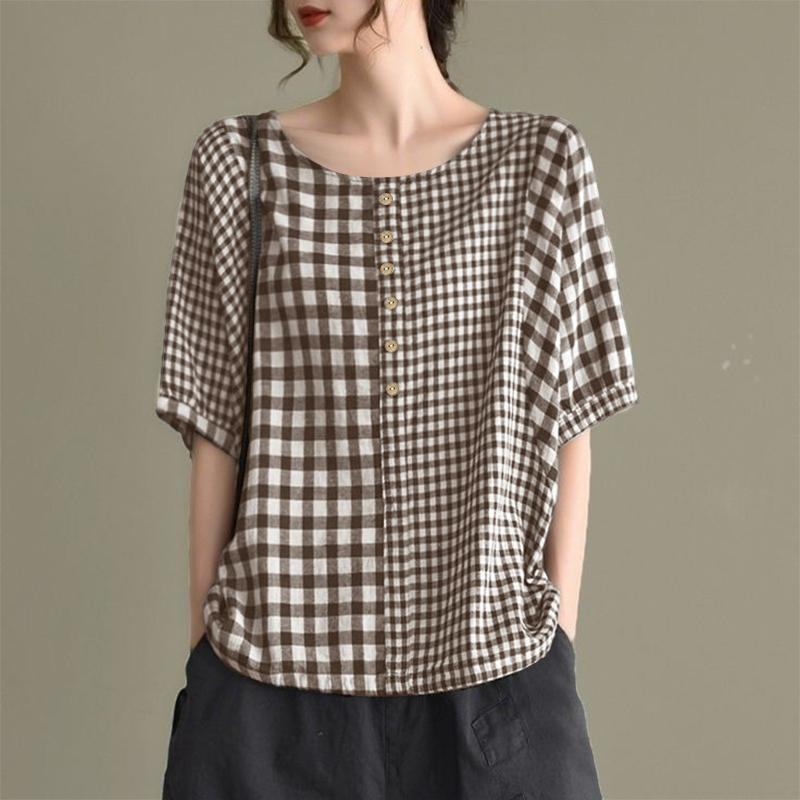 ZANZEA Women Casual Plaid Print Loose Half Sleeve Blouse