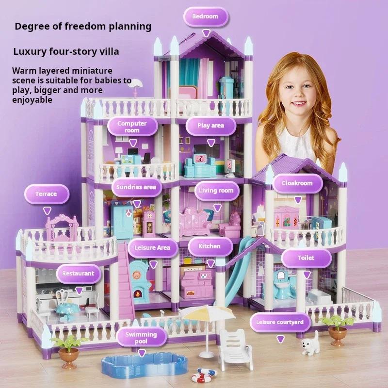 Large Doll House Assembly Villa House 3D Diy Dream Princess Castle Villa Assembly Doll House Set Toy Girl Pretend Family Toy