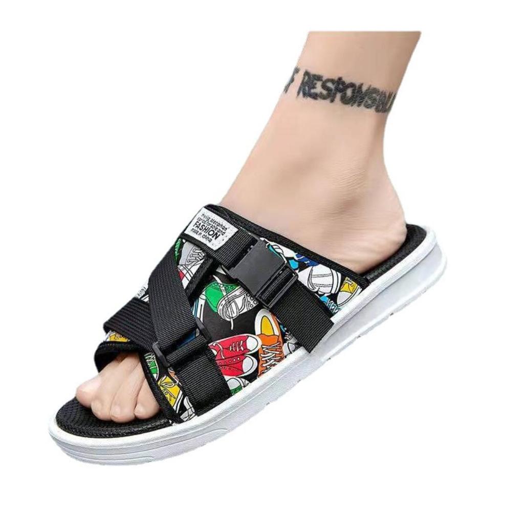 Sandales tendance pour hommes, chaussures classiques d'été à motif graffiti, pantoufles souples, chaussures de marche confortables, tongs décontractées pour l'extérieur