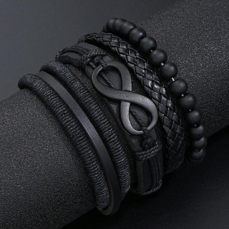 4pcs Casual Vintage Leather Adjustable Bracelet Set, Suitable For Men's Daily Wear, Birthday, Party, Date, Gift