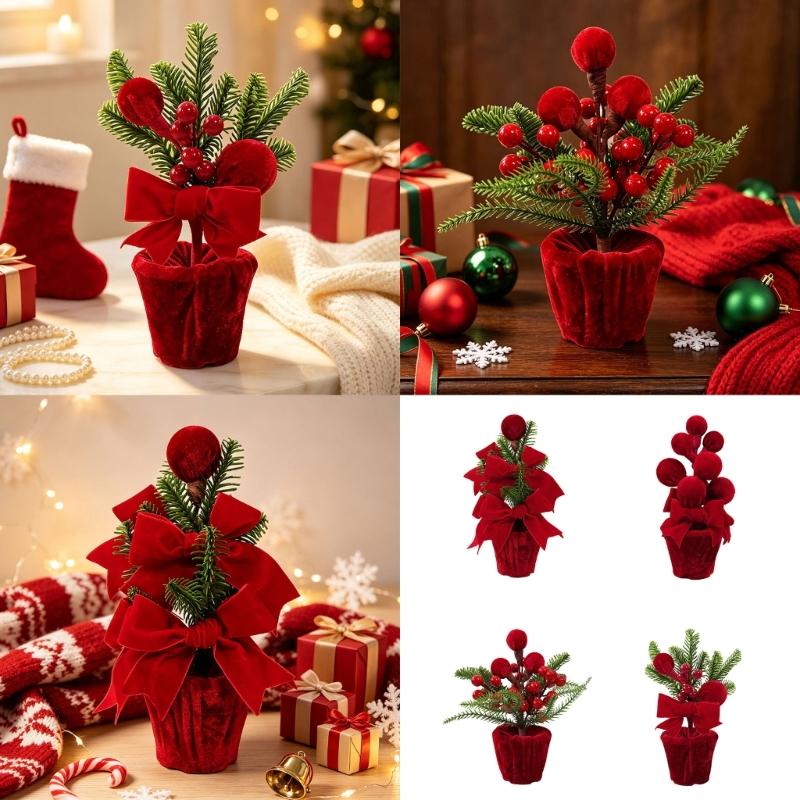 Christmas Shelf Ornament Fabric Potted Plant Table Decoration for Entryway Tables, Desk Styling and Holiday Dining Rooms Home