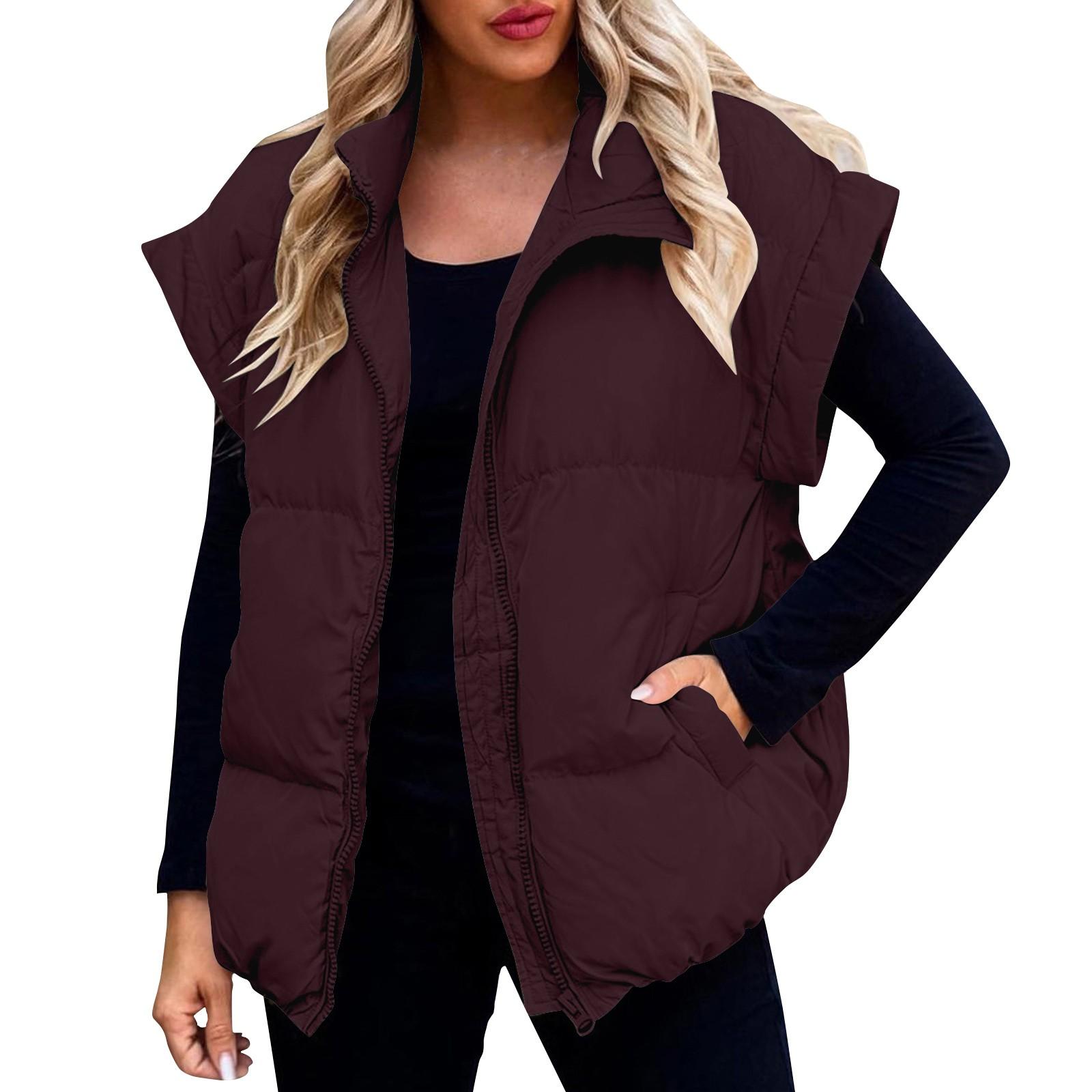 

Женский повседневный зимний жилет с воротником-стойкой, без рукавов, пуховые куртки, пальто с карманами, зима XL винный