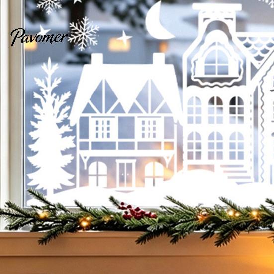Indoor Outdoor Glass Window Stickers 2Pcs Christmas Town Static Sticker, Reusable Decal with Snowflake Clings for Winter Pattern, Decorative