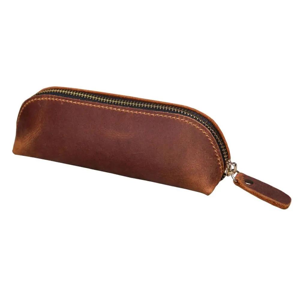 Cowhide Pencil Bag Retro Style Zipper Pen Case School Supplies Office Stationery Pen Storage Glasses Bag
