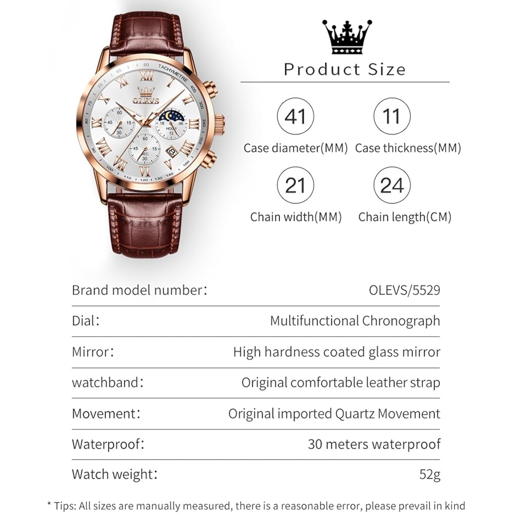 OLEVS Men's Analog Watch Brown Leather Band Waterproof Large Dial Quartz with Date and Luminous Features