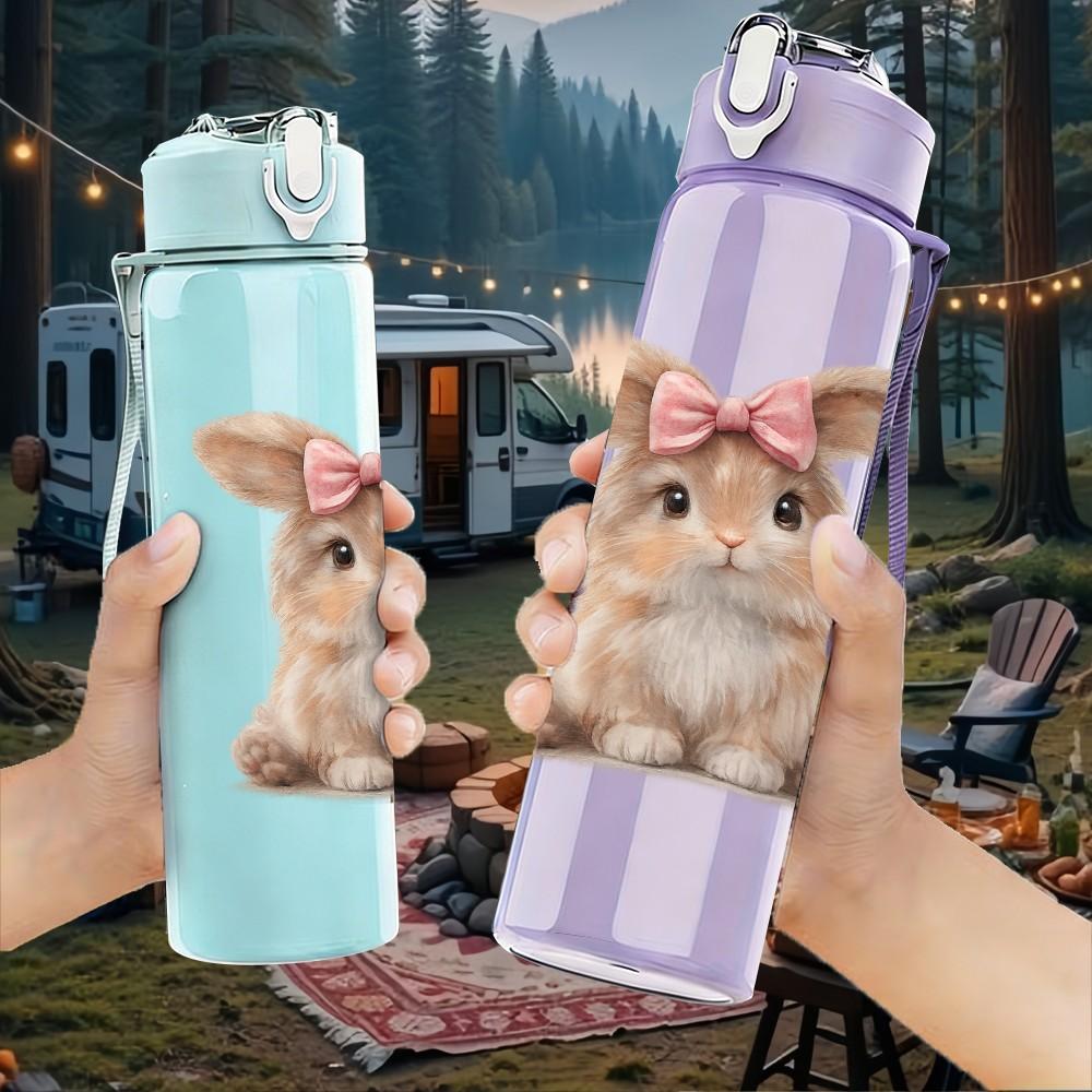 1PC Bow Ear Brown Bunny Animal Print 750ml Color Plastic Sports Water Bottle Leakproof Flip Straw Lid Suitable for Sports Office Home Use