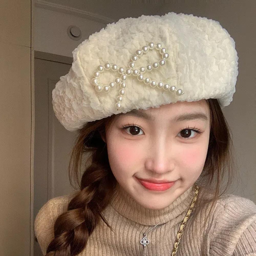 Y2K Lace Berets Cap Street Style Octagonal Brimless Hat Simple Pearls Bow Soft Hat Ladies