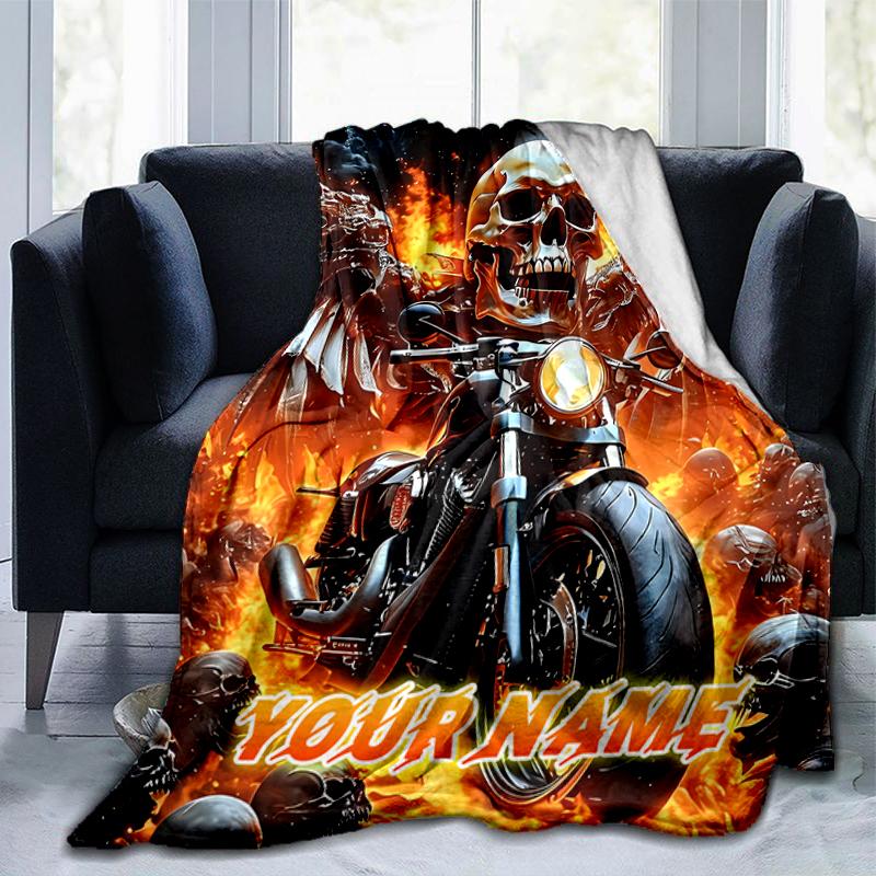 1PC Custom Name Biker Spirit: Fire Wings flannel blanket versatile,all-season throw suitable for the living room,bedroom,camping,travel,and gift