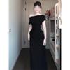 Hepburn Style French Black One-word Shoulder Dress Women's Clothing Summer New Casual Temperament Waist-wrapped Hip Dress