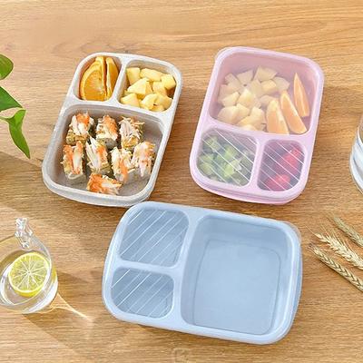 Lunch box in paglia di grano a tre scomparti, stoviglie per microonde, bento portatile