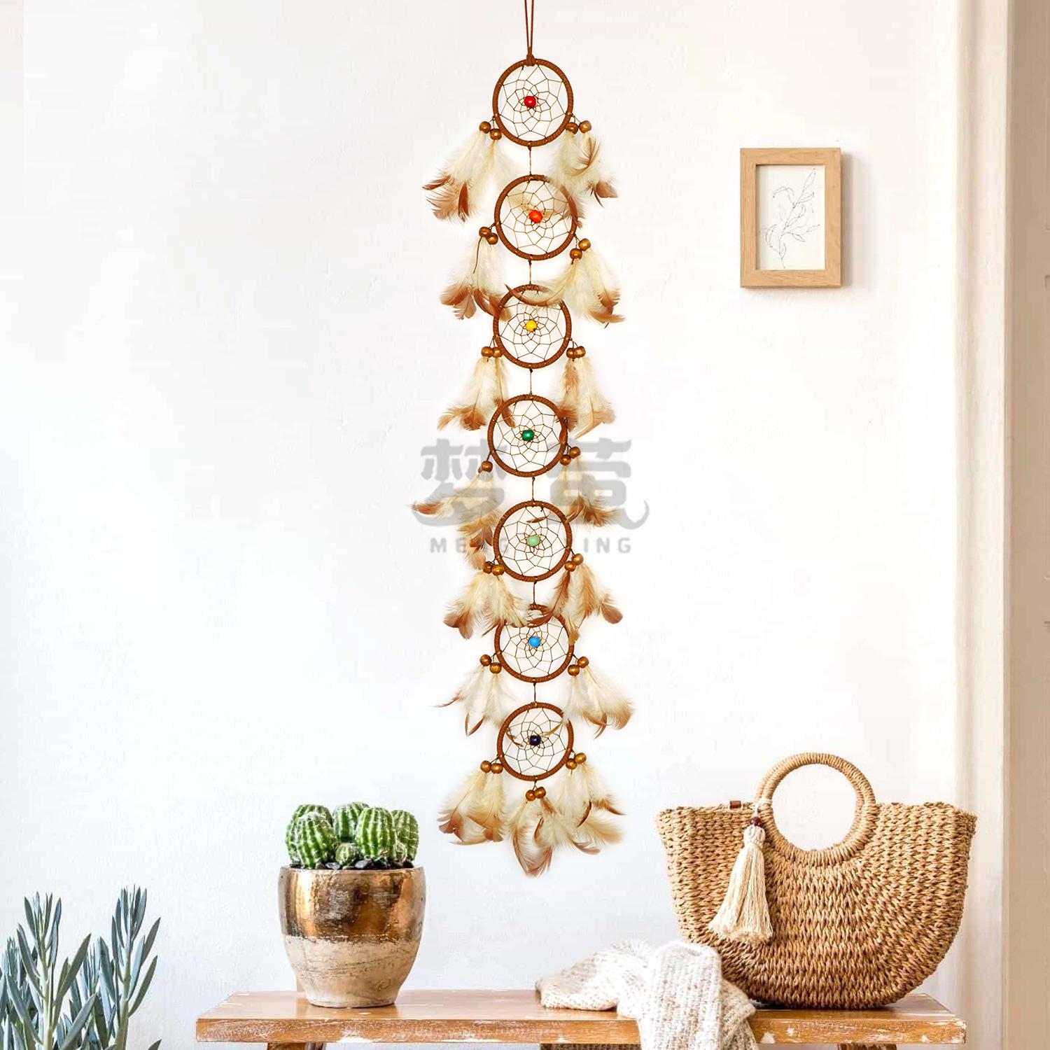 7-Ring Dreamcatcher Bohemian Home Decor Hanging Ornament with Feather Wind Chime