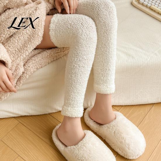 Elastic Thickened Leg Warmers Coral Fleece for Women, Winter Thermal Knee High Leggings Home Socks, Striped/Solid Color, Soft Sleeves Cold Weather