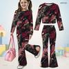 Girls Round Neck Long Sleeve Printed Top Flared Pants Two Piece Set
