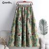 Qooth Summer Floral Skirt Calf Length Stitching Jacquard A Line Skirt Pleated Skirts QT1676