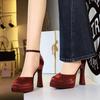 Simple Square Head Hollow Super High Heel Sandal One-Button High Heels Thick Heels Waterproof Table Satin High Heels Women Shoes