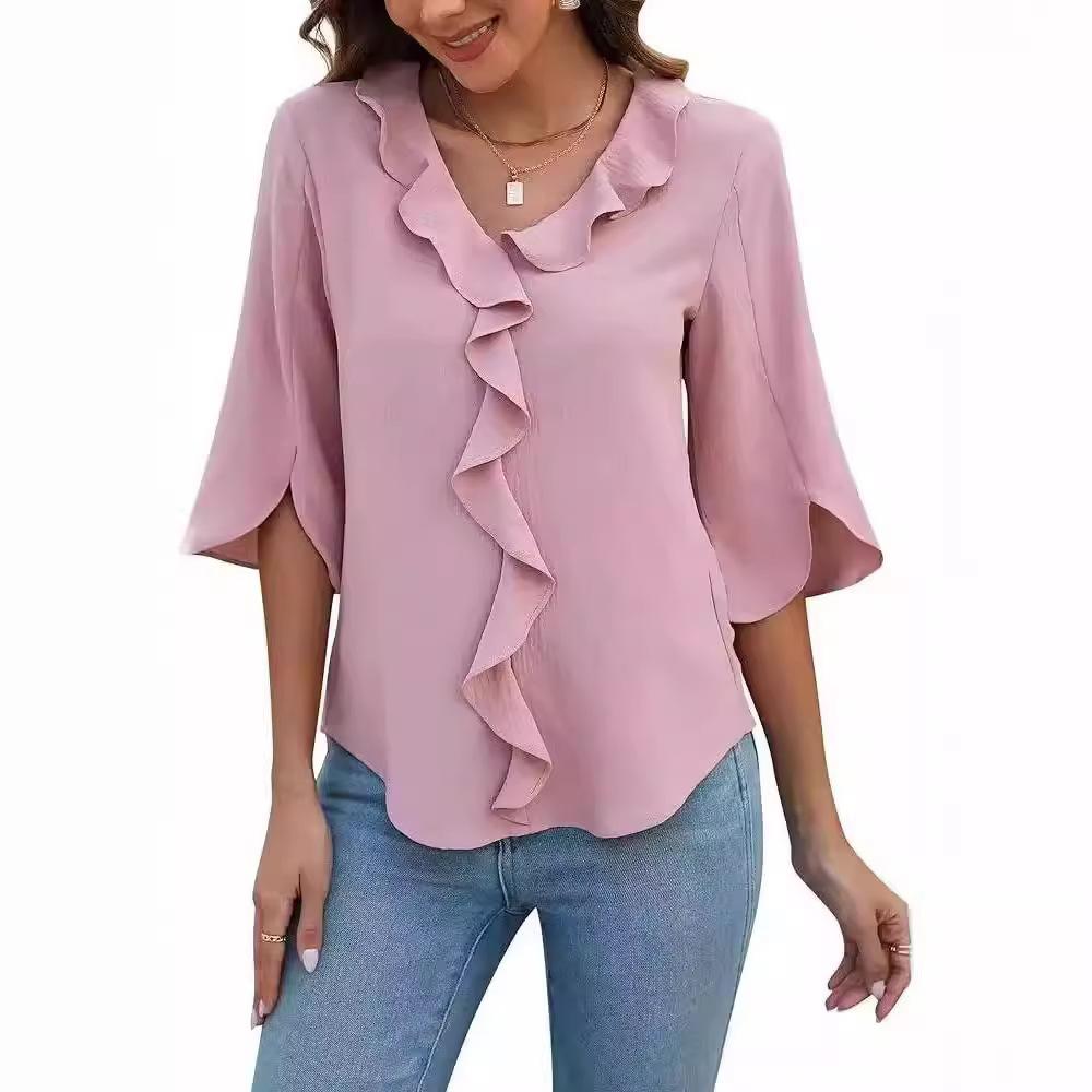

Women s Ruffled V-Neck Shirt Bell-Sleeve Blouse S рожевий