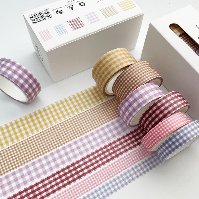 

Kawaii Handbook DIY Plaid Washi Tape Masking Tape Paper Gift Decoration Material 6 Colors in A Box 5 Meters in A Roll