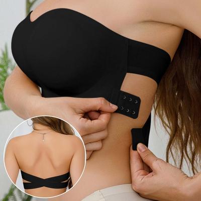 Soutien-gorge croisé sans bretelles pour femme, couleur unie, sans rembourrage, sans coutures, boutonné sur le côté, confortable et lisse, sous-vêtement noir