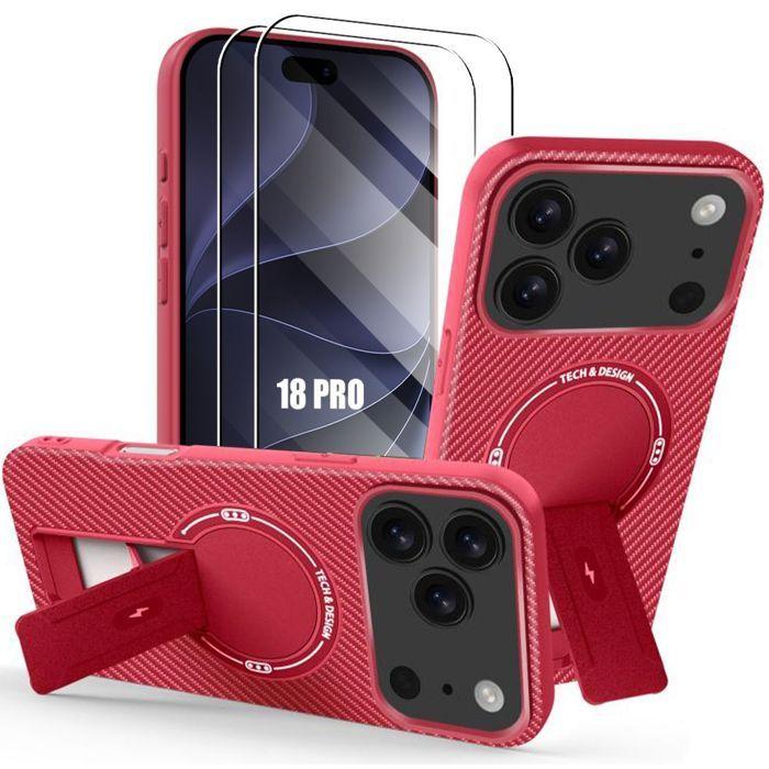 Coque pour iPhone 18 Pro, Silicone Souple avec Cercle Magnétique Support - Rouge - 2 Verres Trempés