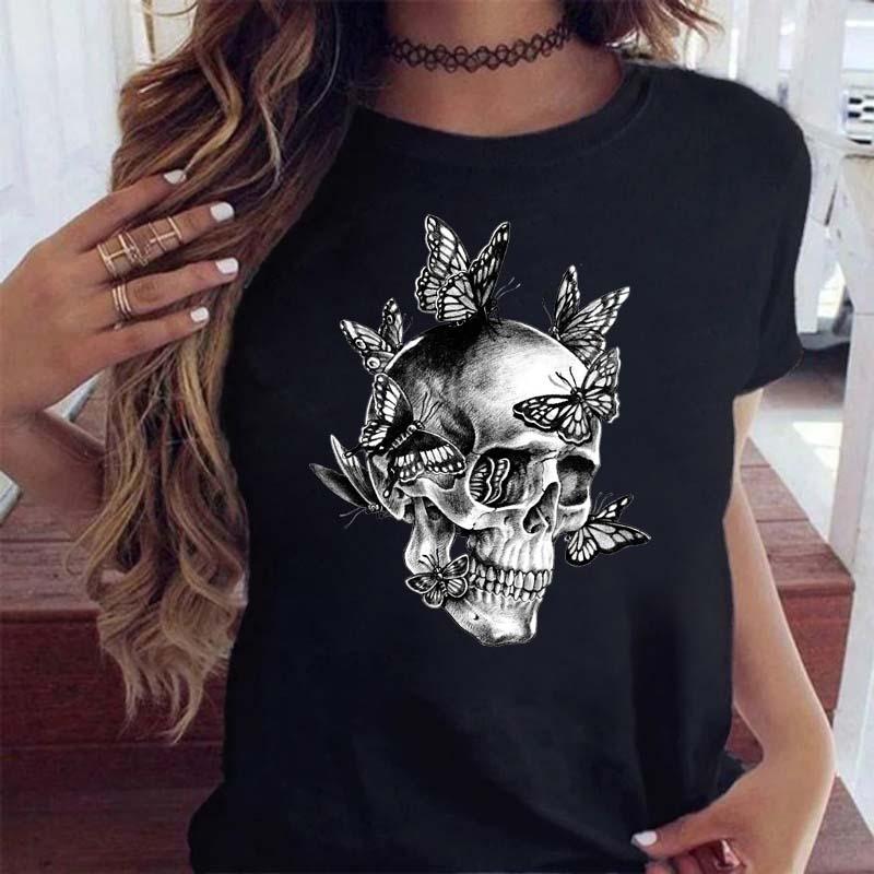 Fashion Skull Flower Print Women T Shirt Summer Casual Short Sleeve O Neck Women Tshirt