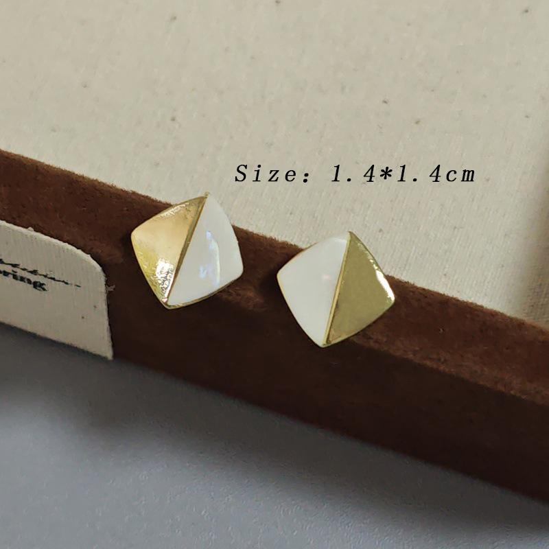 Fashion Small Square Stud Earrings for Women Unique Triangle Patchwork Contrast Color Earrings Geometry White Enamel Oil Zircon