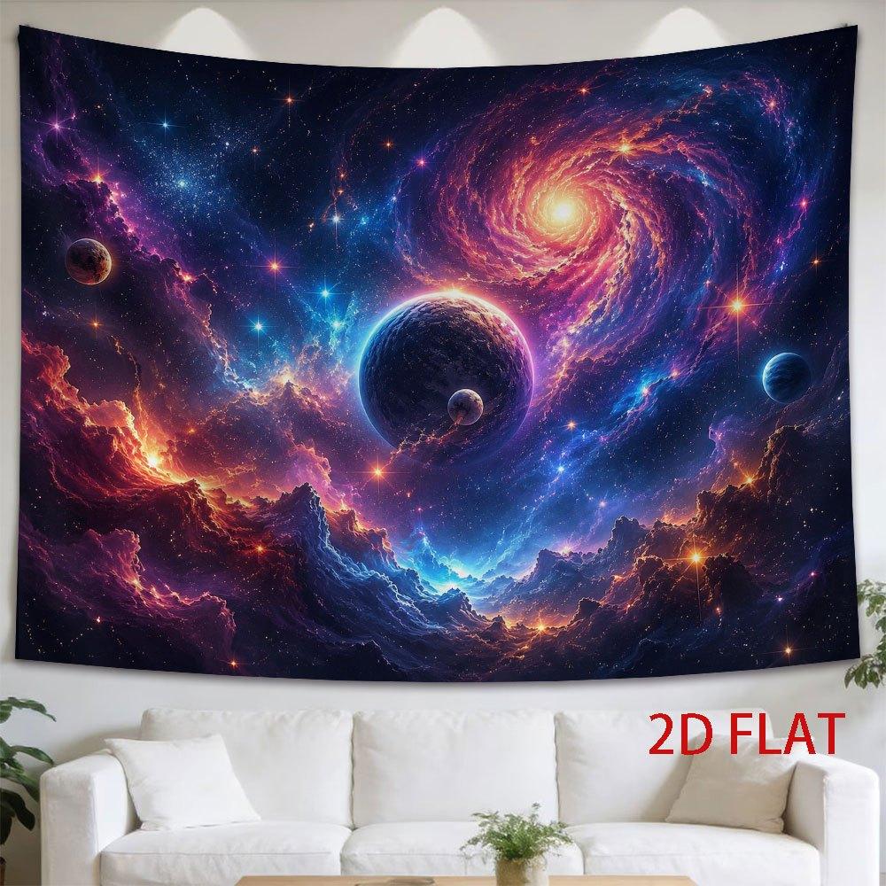 2D Flat, 1pc Horizontal Cosmic Nebula Wall Tapestry - 2D Flat Print with Planets & Stars, Suitable for Decor,, Room, Space-Themed Bedroom - Fabric Han
