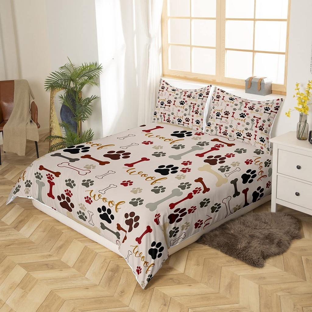 Pet Animal Dog Paw Print Duvet Set Bone Pattern Bedding Three-Piece Set Room Decoration
