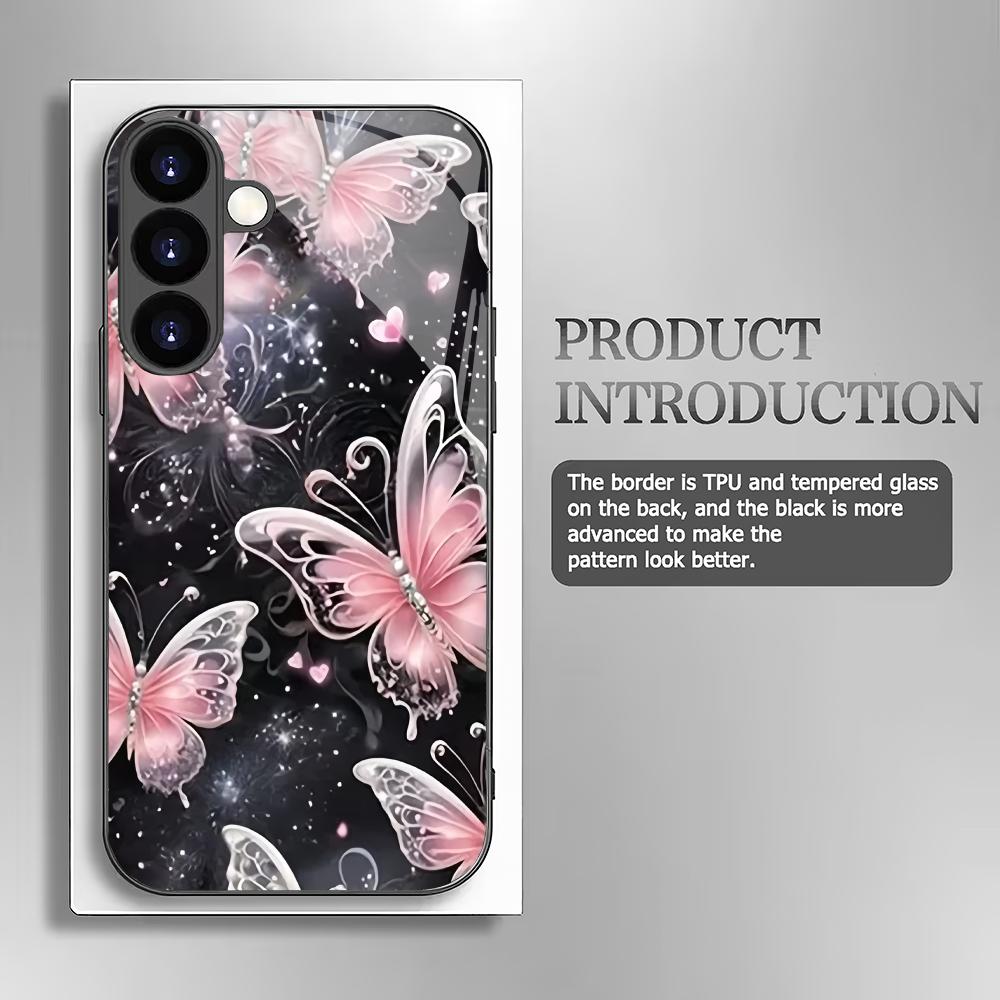 Pink butterfly tempered glass phone case suitable for Samsung Galaxy S26 S25 S24 S23 S22 S20 FE/Ultra/Plus anti drop back cover