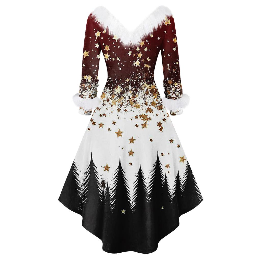 Dámské módní ležérní přiléhavé šaty s vánočním potiskem na párty s dlouhým rukávem