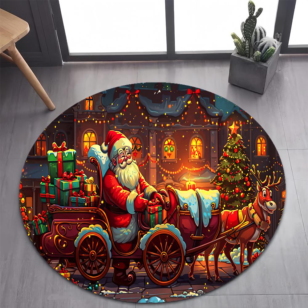 Niedlicher Weihnachtsmann Frohe Weihnachten Baum Cartoon Festival Geschenk Runder Teppich für Schlafzimmer Wohnzimmer Dekoration, Dekor Bodenmatte