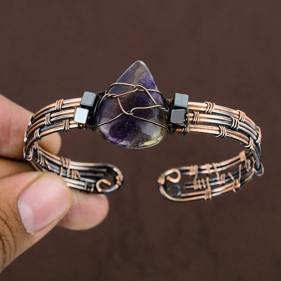 Natural Fluorite Gemstone Handmade Copper Wire Wrap Cuff Bangle Adjustable G9r78