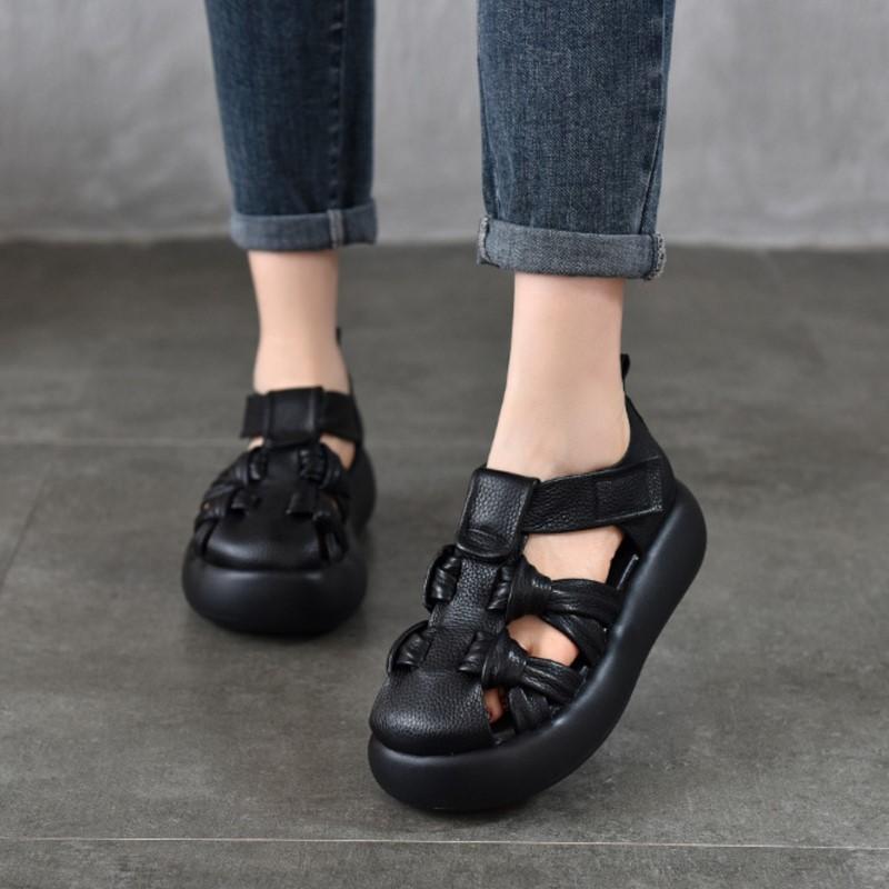 Johnature Genuine Leather Retro Hand Woven Hollow-out Sandals Soft Soled Women's Flat Platform Shoes