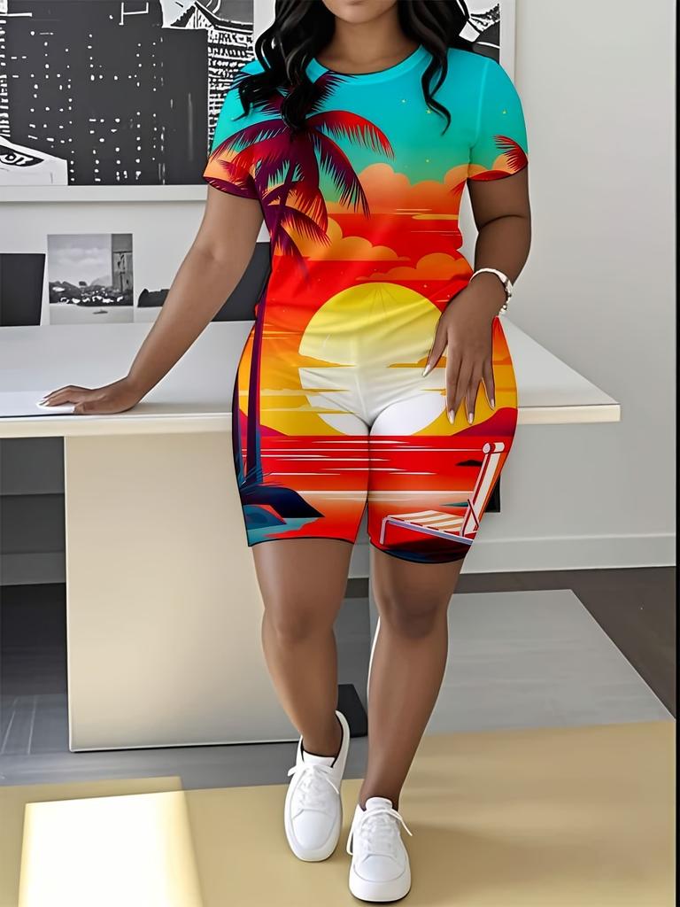 Butterfly European and American Women's Clothing Coconut Tree Printing T-Shirt Shorts Set Sports Suit