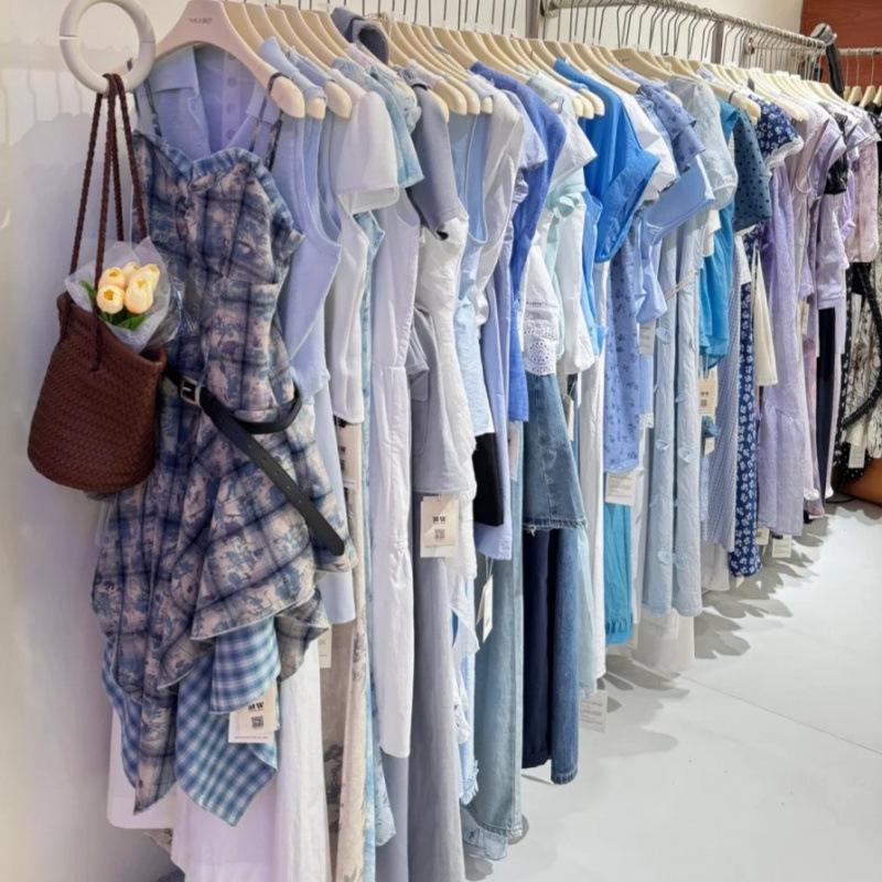 Women s American Blue Tie-Dye Plaid Camisole Dress with Waist-Cinched Slimming Patchwork Skirt Various Sizes разноцветный