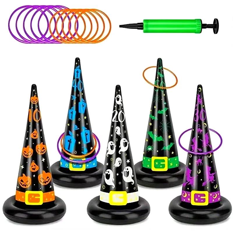5Pcs Halloween Inflatable Witch Hat Ring Toss Game with 20pcs Colored Rings Air Pump Halloween Party  Supplies Kids Adult Toys