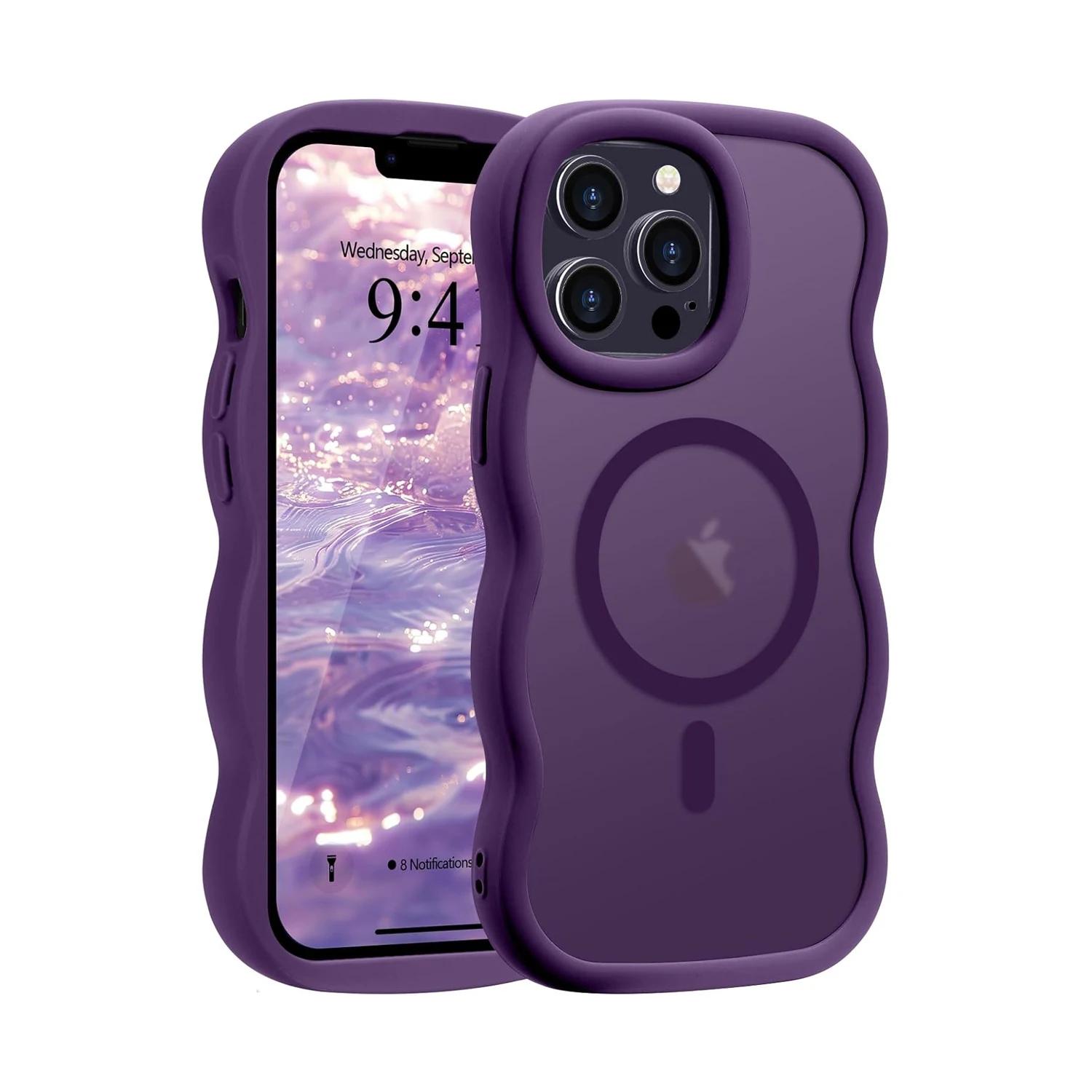 

Luxury Wavy Frame translucent Magnetic Wireless Charge Shockproof Case For iPhone 16E 16 15 14 13 12 Pro Max Plus Magsafe Cover For iPhone 13 Pro темно-фіолетовий колір