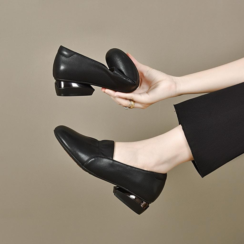Round Head Single Shoes Women's Autumn Two Kinds of Height Ruffle Edge Shallow Mouth Women's Shoes Four Seasons Shoes Cowhide Thick Heel Work Shoes